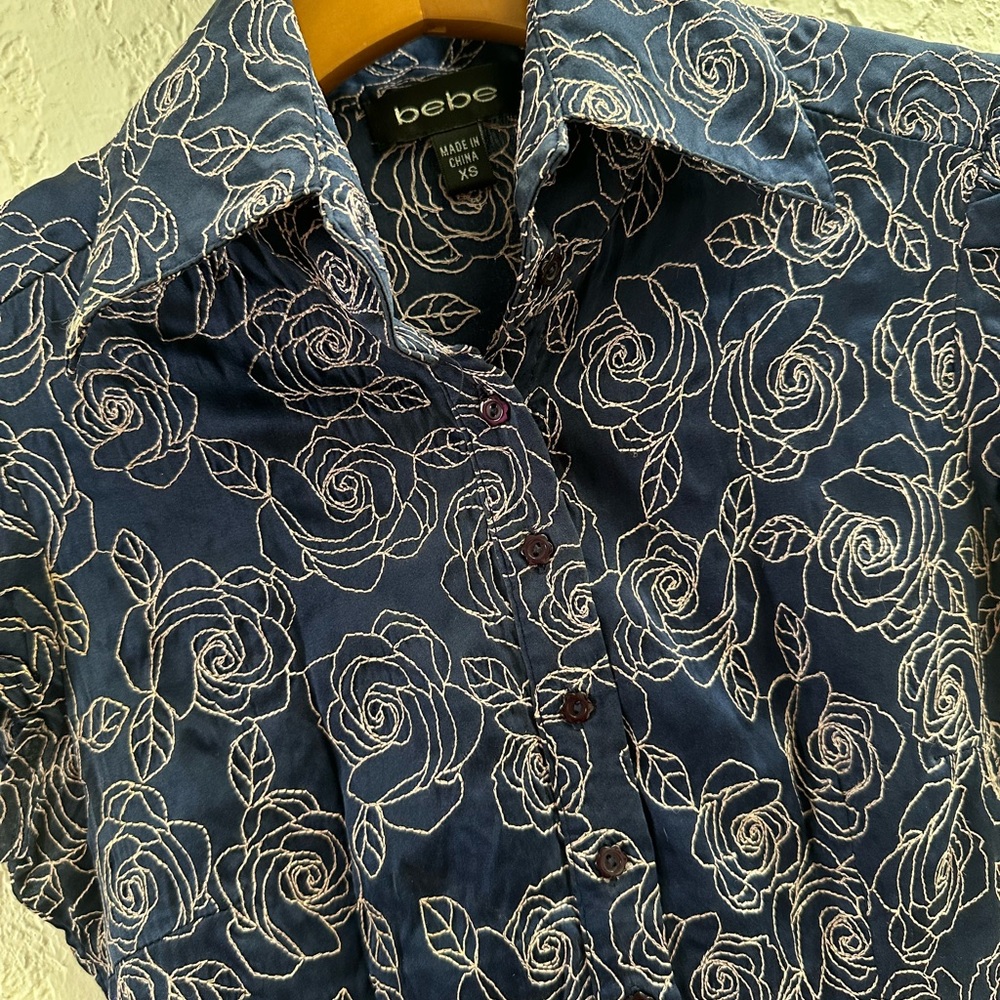 Bebe Dark Blue Rose Pattern Button Down Shirt W/B… - image 6